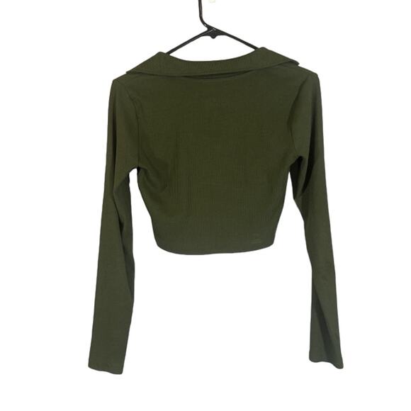 Zara Olive Green Ribbed Textured Long Sleeve V-Neck Crop Top Women Sz M - Picture 2 of 8